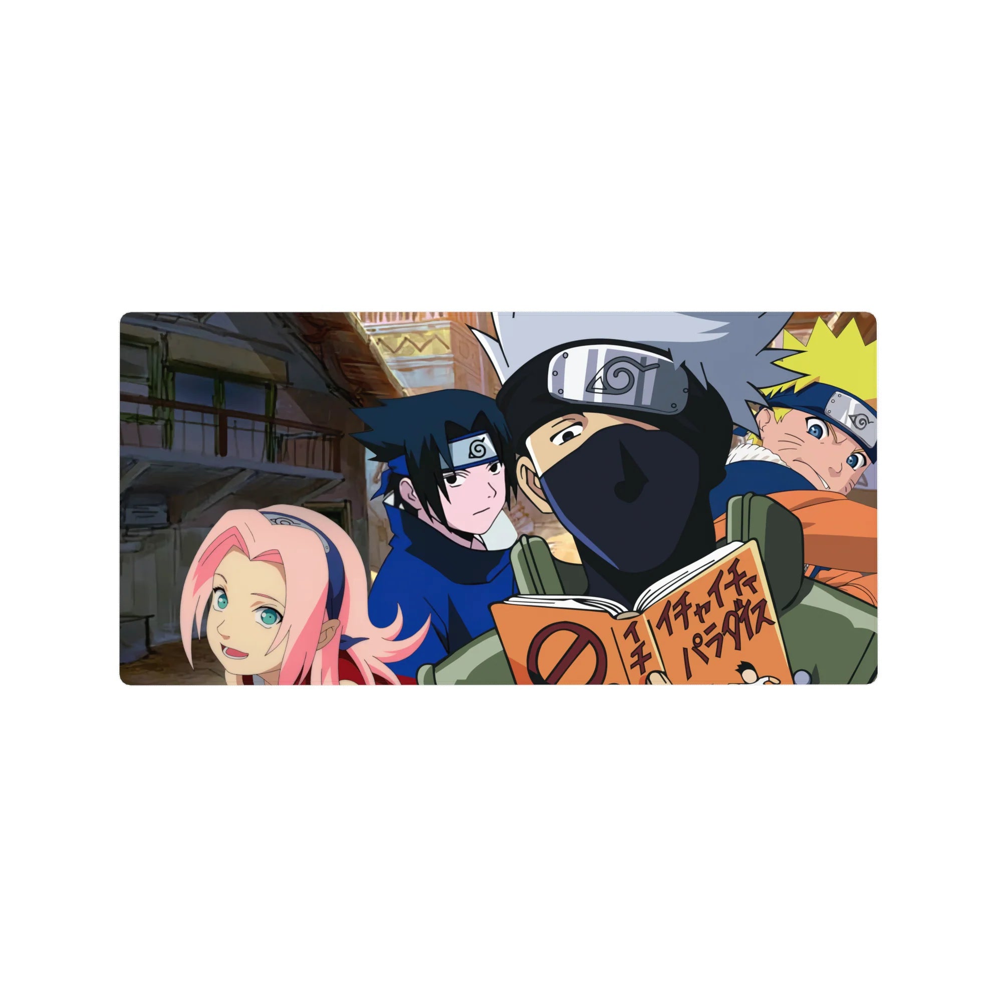 Anime mouse pad 32x16 inches featuring Team 7 from Naruto, showcasing Naruto, Sasuke, Sakura, and Kakashi in nostalgic style.