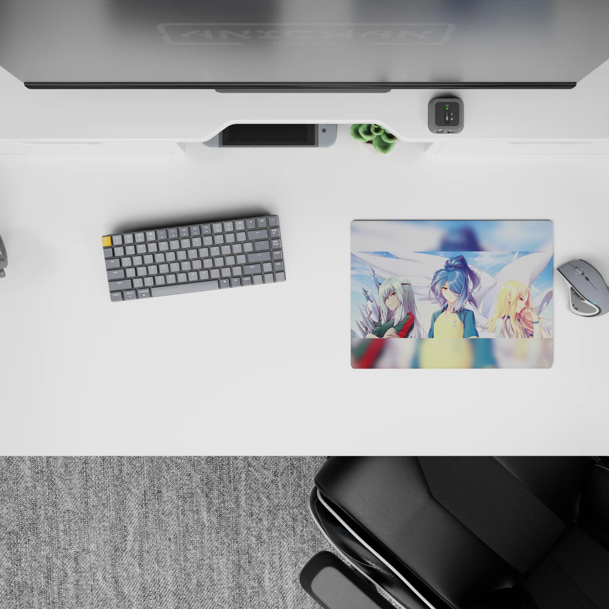 Dreamy pastel anime girl mouse pad 14x10 inches with blue, silver, and blonde hair and bold jersey colors.