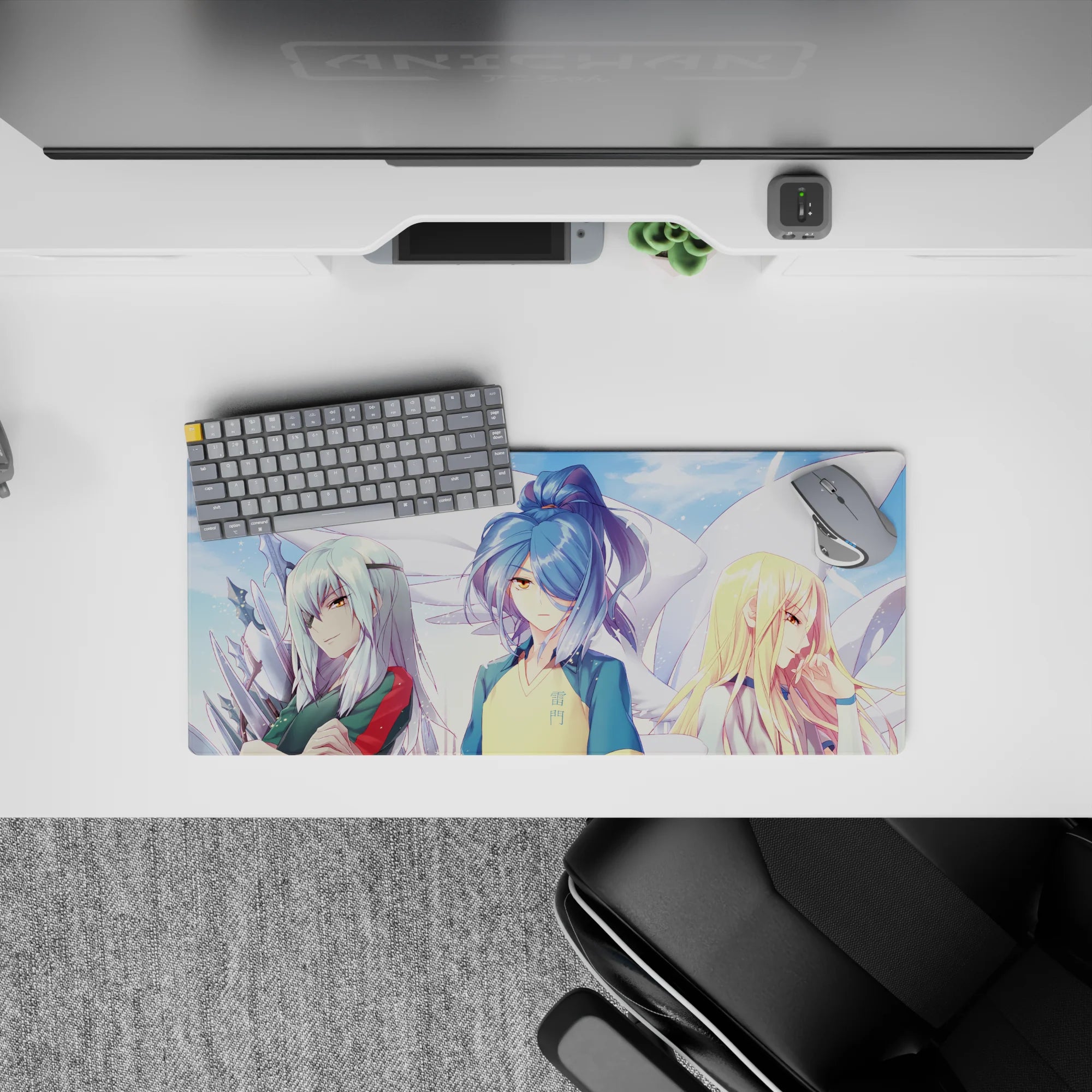 28x12 inches anime desk mat in dreamy pastel sky tones with yellow-blue, teal-red, and silver accents.