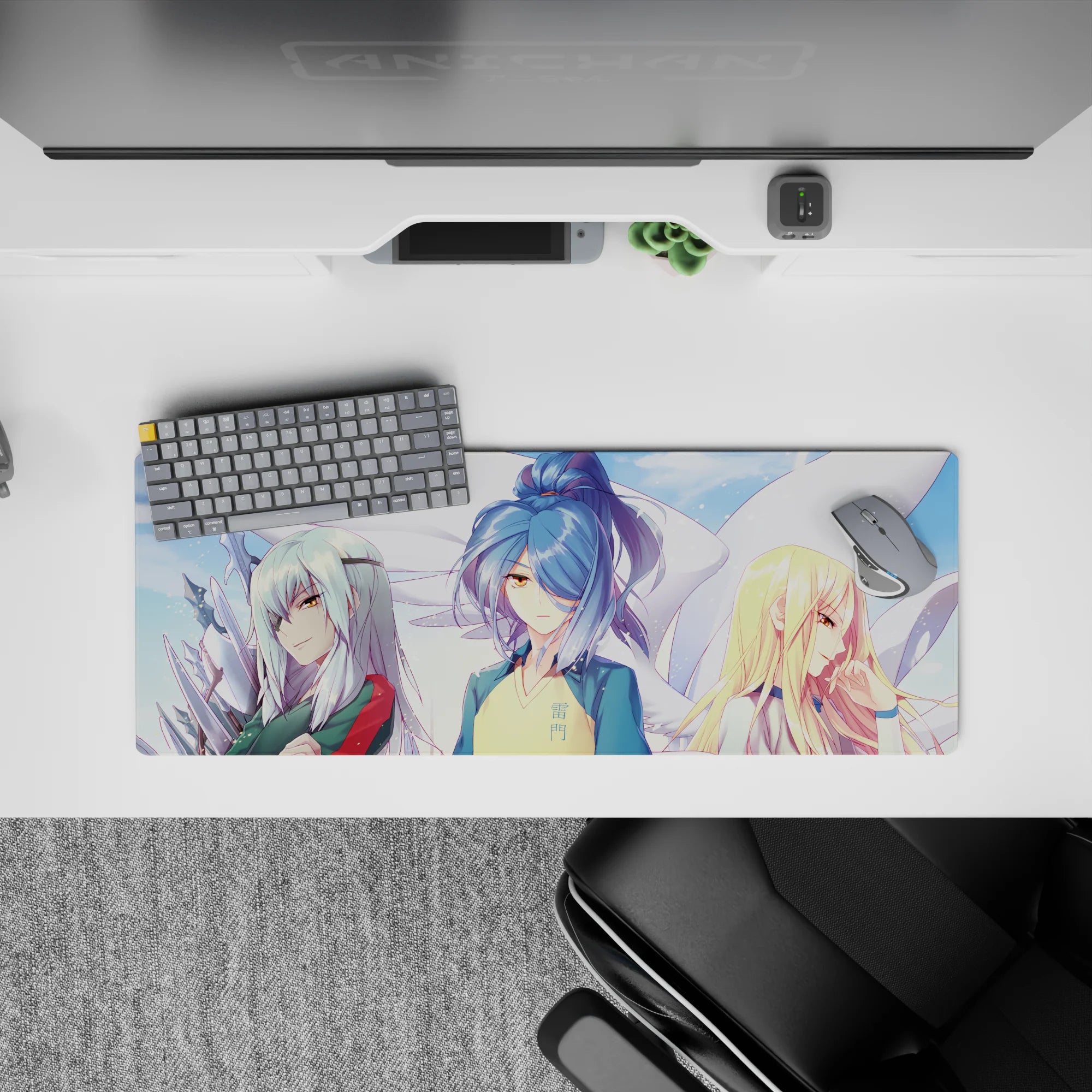 32x12 inches anime girl mouse pad in soft sky tones, drifting sparkles, bold yellow-blue and teal-red.