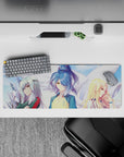 32x12 inches anime girl mouse pad in soft sky tones, drifting sparkles, bold yellow-blue and teal-red.