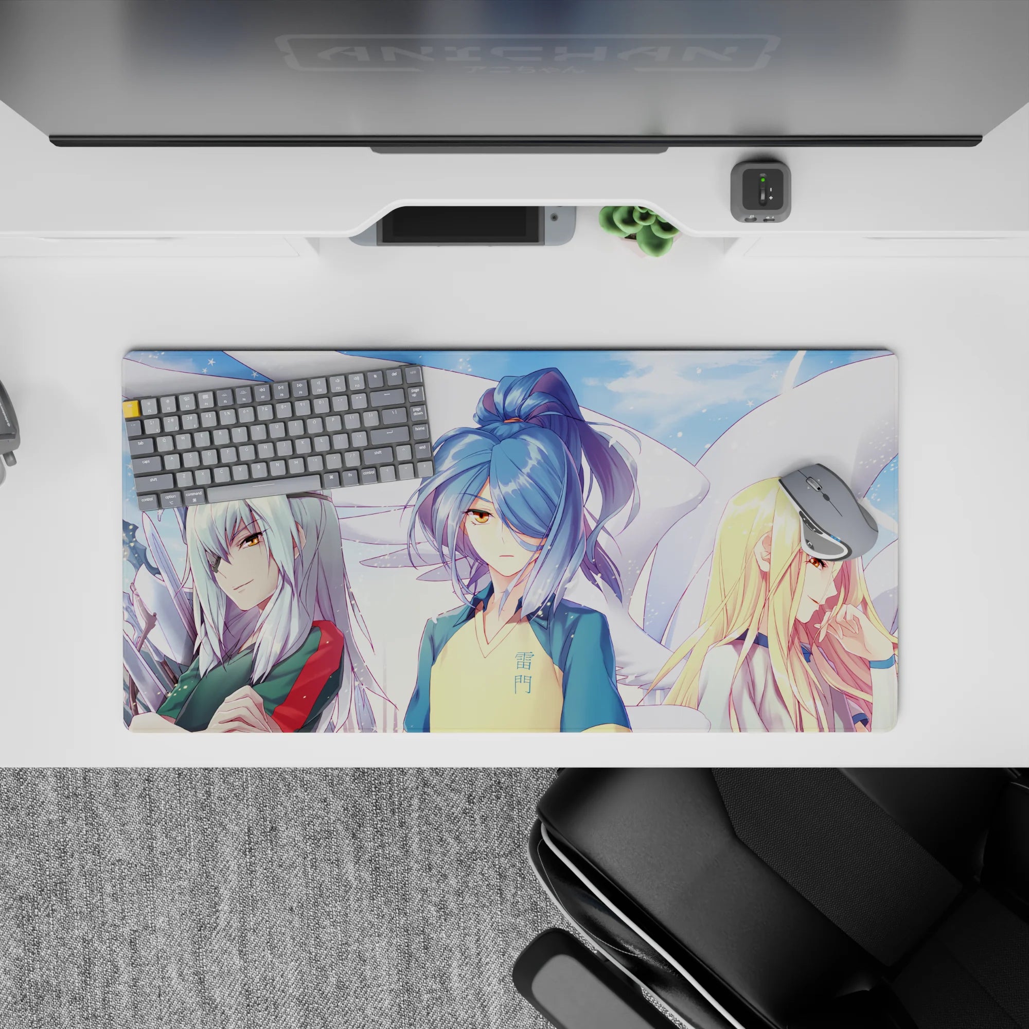 32x16 inches anime girl mouse pad in soft sky pastels with drifting sparkles, bold blues, teal, red, and gold.