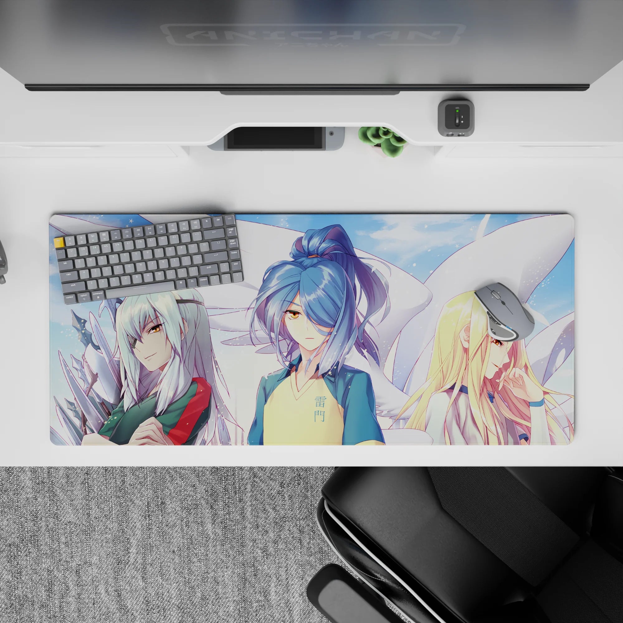 36x16 inches anime desk pad in dreamy yellow-blue, teal-red, and silver tones with calm attitude.
