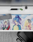 36x16 inches anime desk pad in dreamy yellow-blue, teal-red, and silver tones with calm attitude.