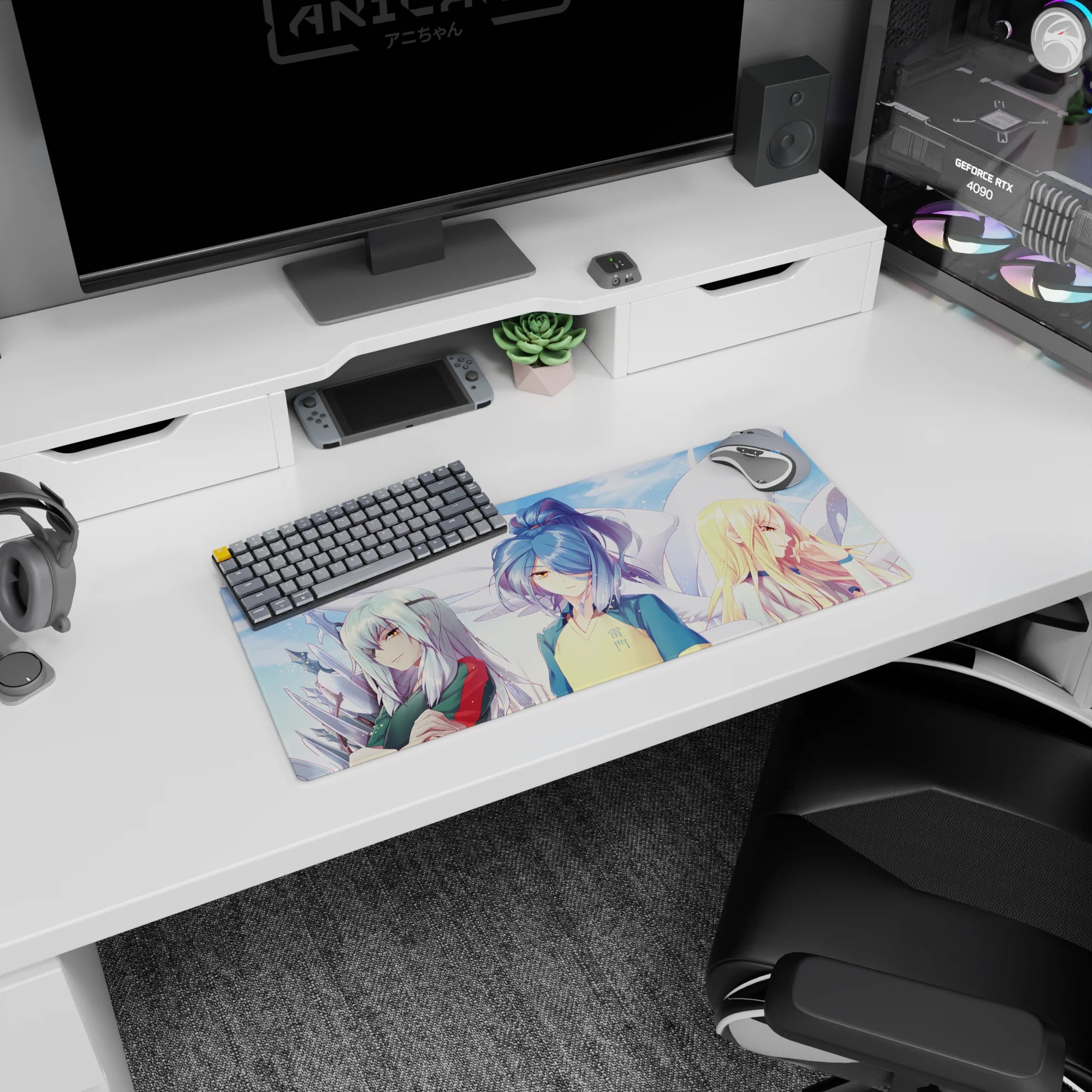 28x12 inches anime girl mouse pad featuring blue ponytail girl in kanji jersey with two smirking friends.