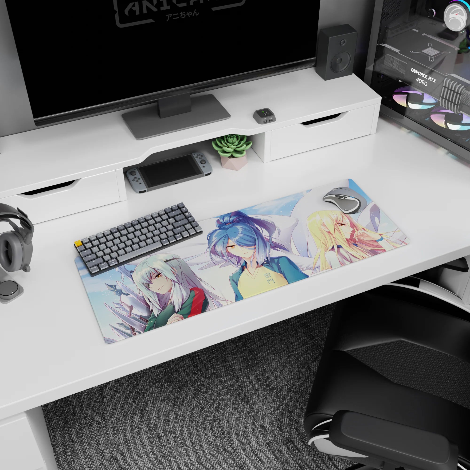32x12 inches anime girl mouse pad featuring blue-haired girl in yellow-blue kanji jersey with calm stare.