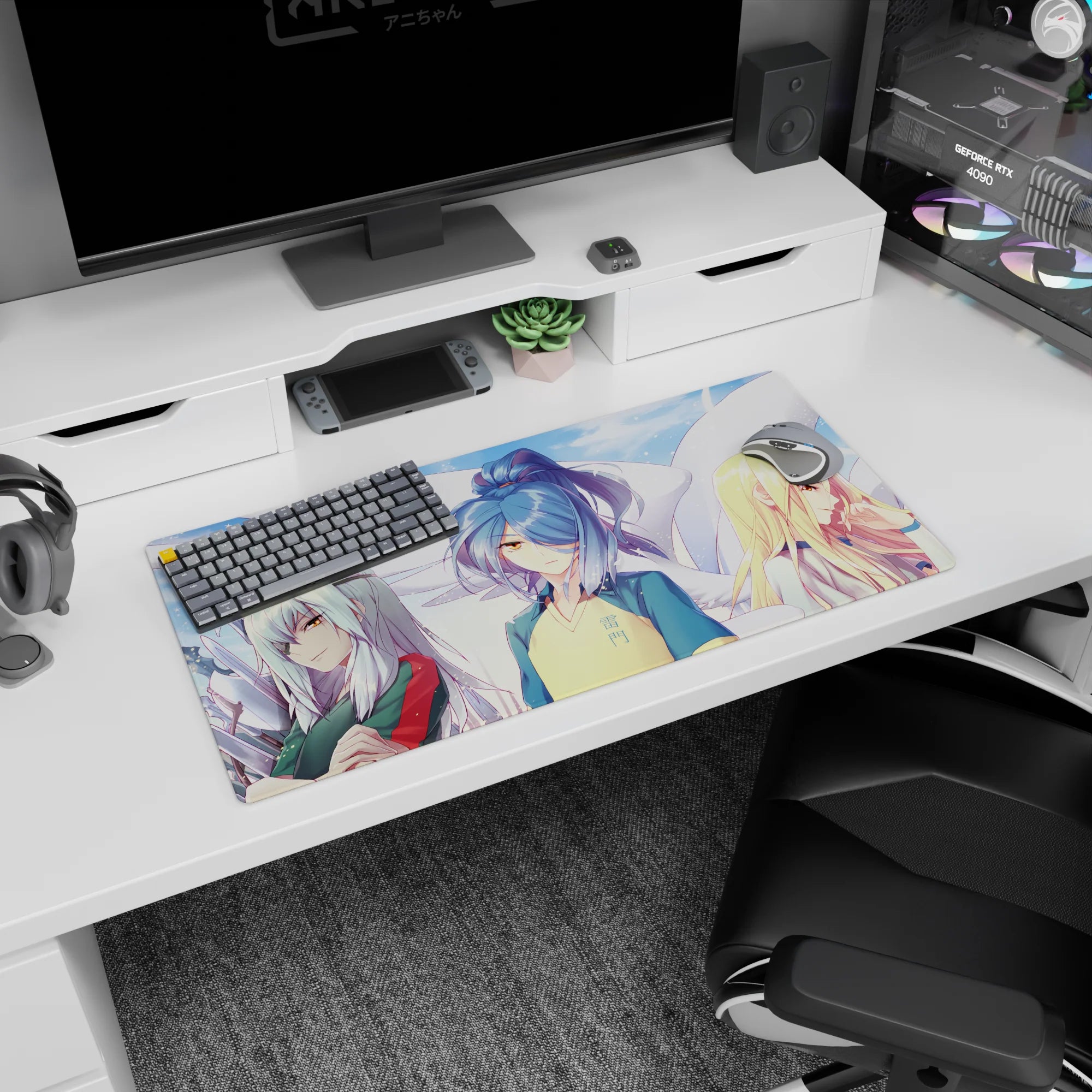 32x16 inches anime girl mouse pad featuring blue-haired girl in yellow-blue kanji jersey with calm, fierce stare.