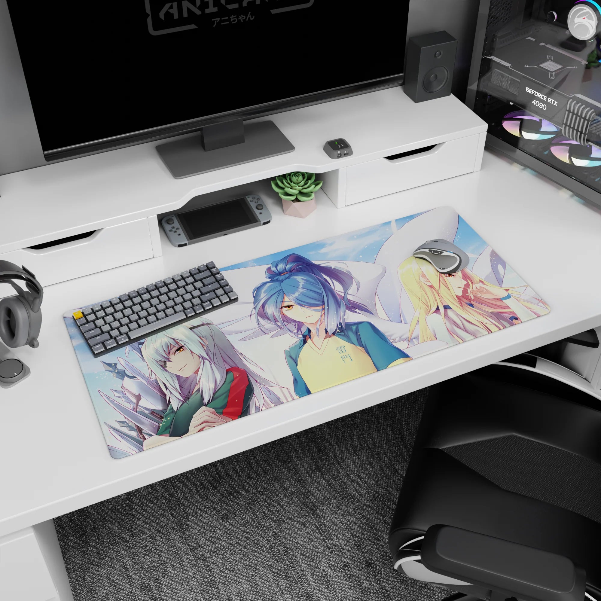 36x16 inches anime girl desk pad featuring blue-haired jersey girl with kanji, flanked by silver and blonde.