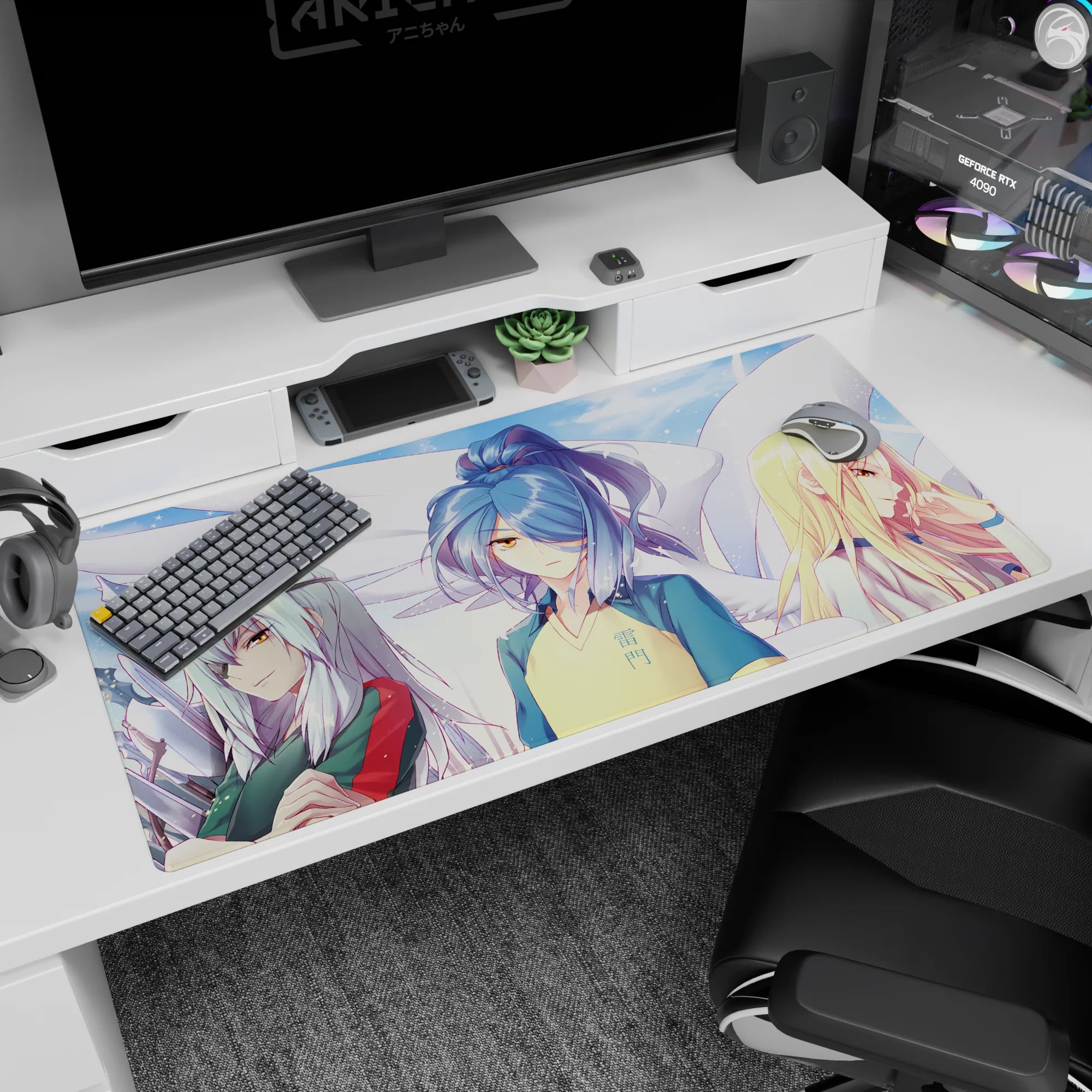 40x20 inches anime desk pad featuring blue ponytail girl in yellow-blue kanji jersey with calm stare.