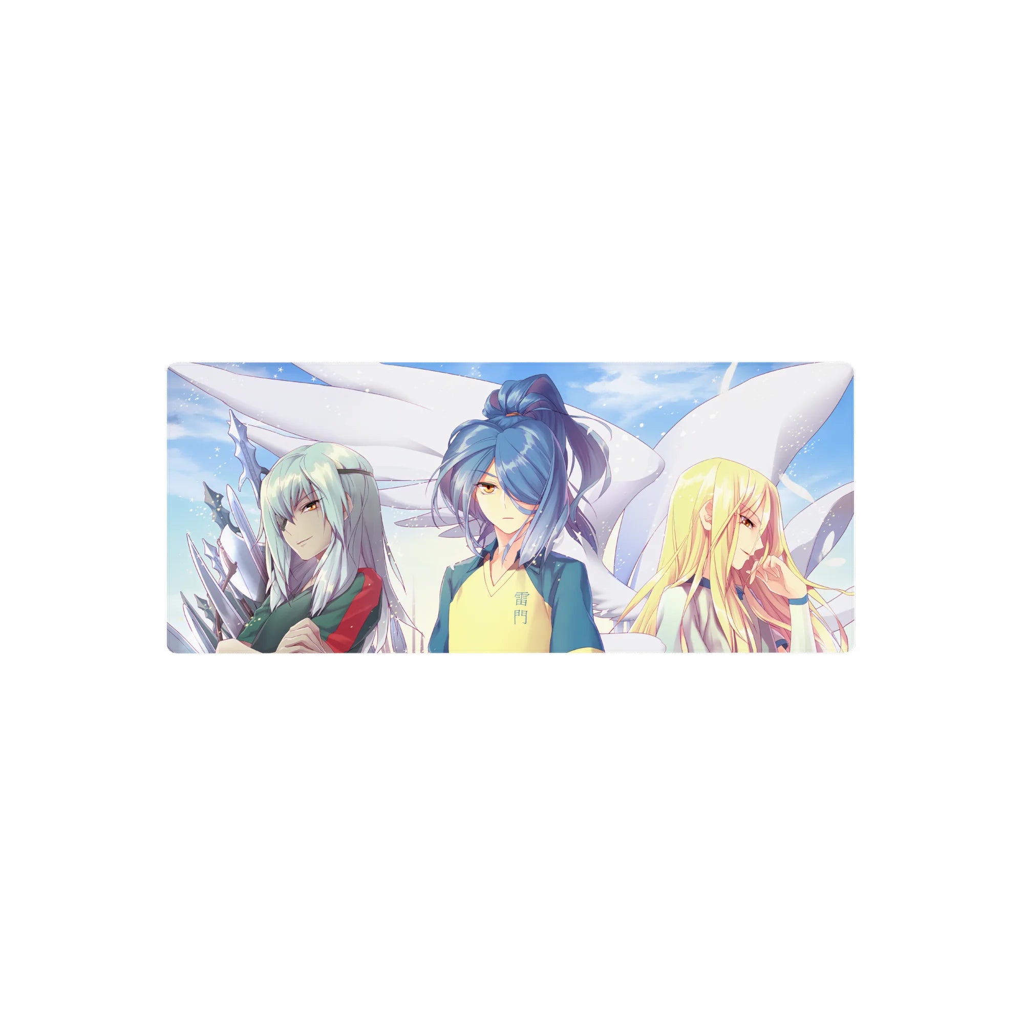 28x12 inches anime girl mouse pad with three girls in sporty jerseys under soft skies and sparkles.