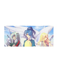 28x12 inches anime girl mouse pad with three girls in sporty jerseys under soft skies and sparkles.