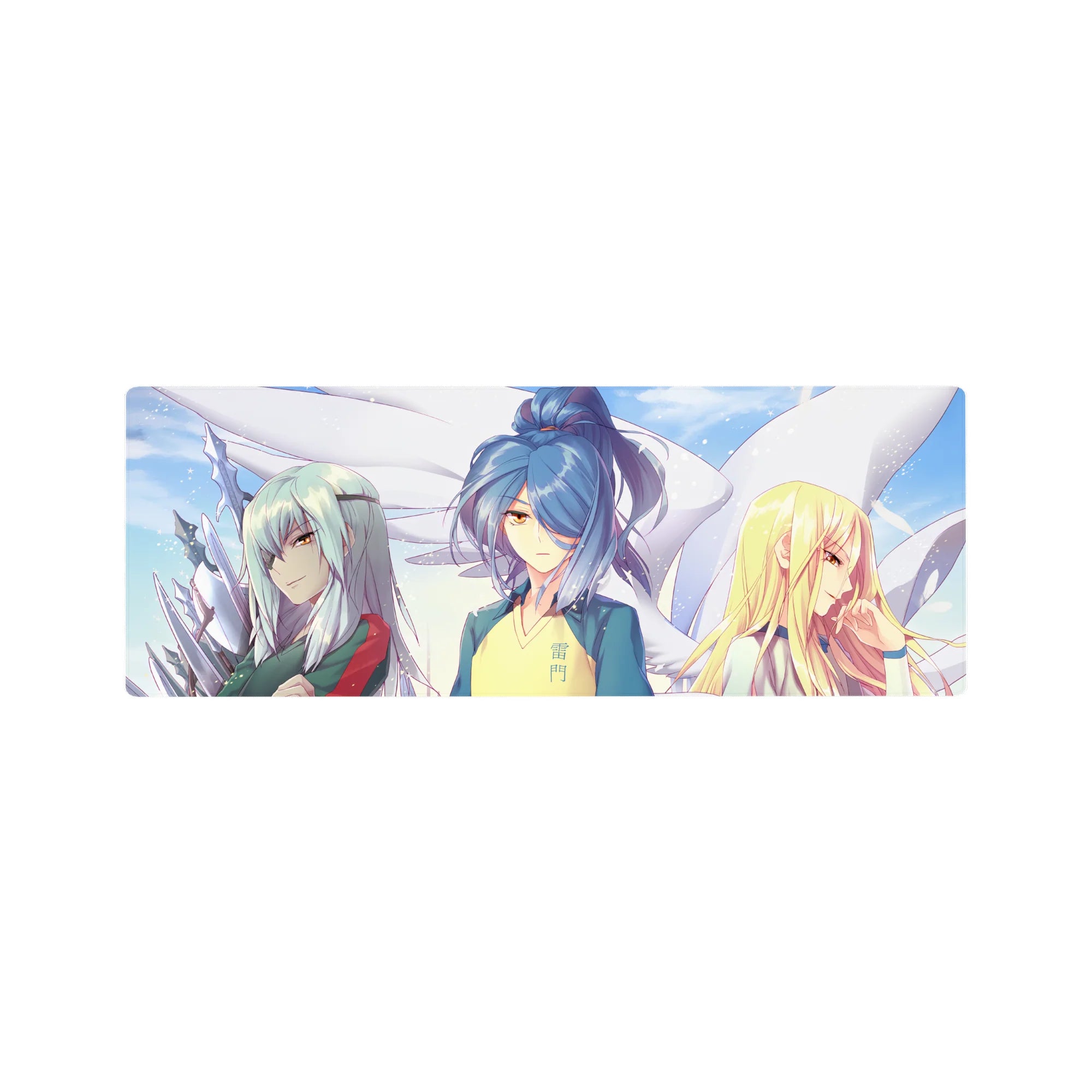 32x12 inches anime girl mouse pad with three sporty girls, kanji jersey, silver and blonde accents.