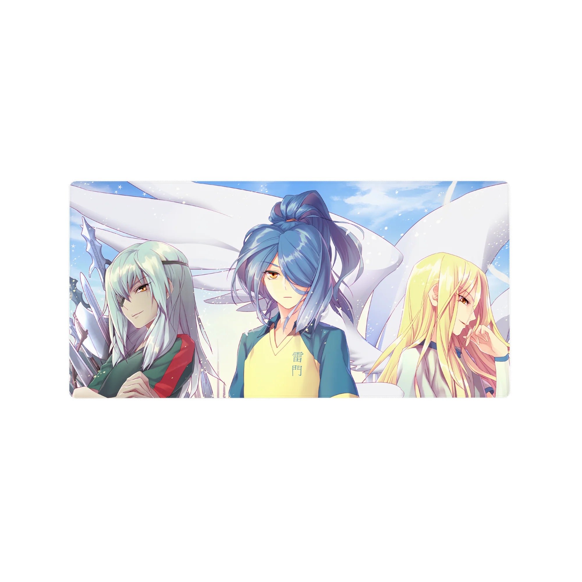 32x16 inches anime girl mouse pad with three sporty girls, kanji jersey center, silver and blonde sides.