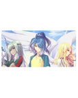 32x16 inches anime girl mouse pad with three sporty girls, kanji jersey center, silver and blonde sides.