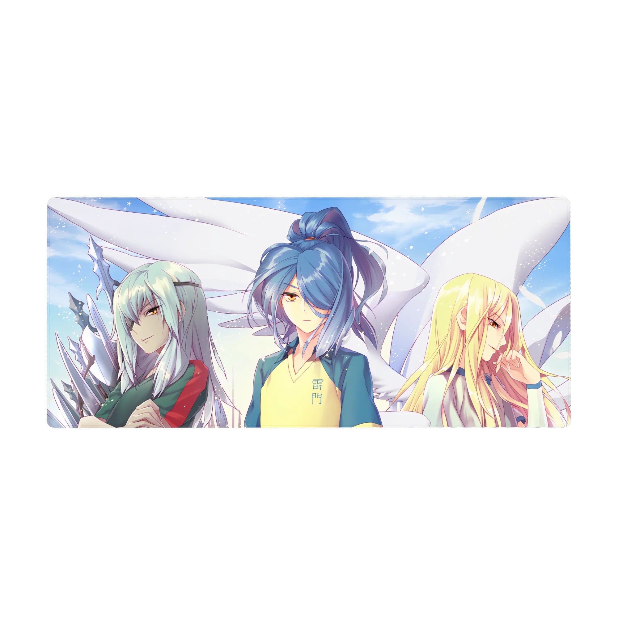 36x16 inches anime girl desk pad with three sporty girls under soft skies and drifting sparkles.