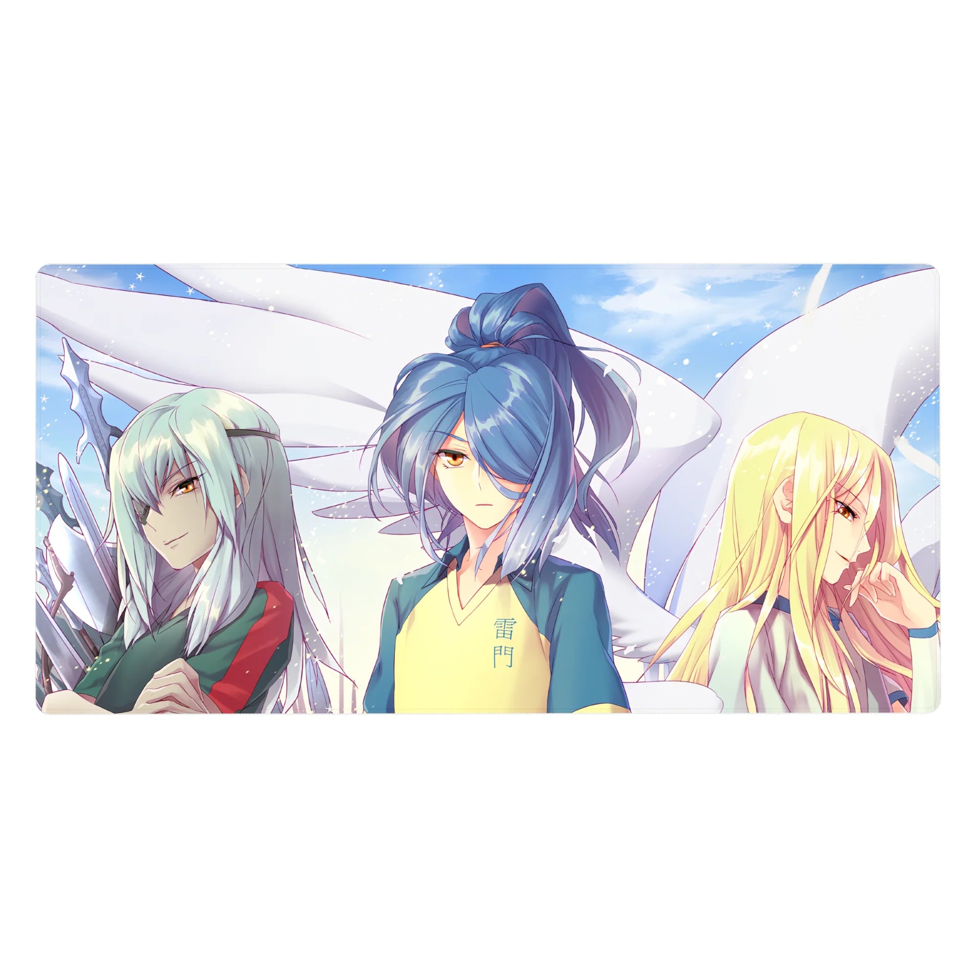 40x20 inches anime girl desk pad with three sporty girls under soft skies and drifting sparkles.