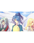 40x20 inches anime girl desk pad with three sporty girls under soft skies and drifting sparkles.
