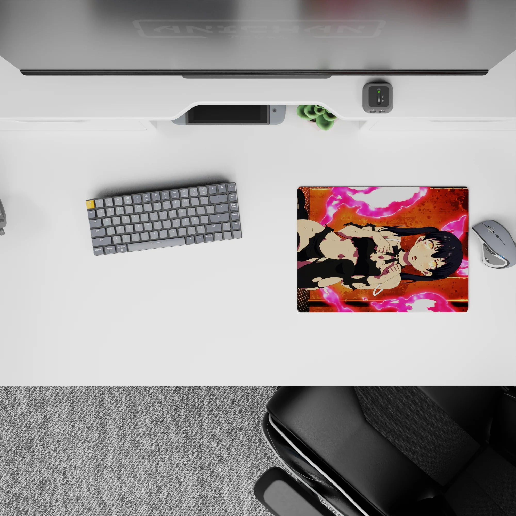 Neon pink and warm orange anime mouse pad 14x10 inches, edgy late-night gaming vibe, crisp print.