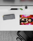 Neon pink and warm orange anime mouse pad 14x10 inches, edgy late-night gaming vibe, crisp print.
