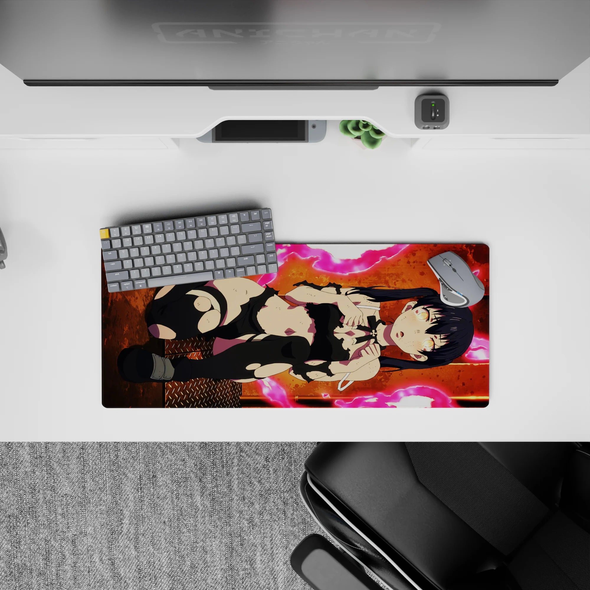 Neon hot pink energy rings on warm orange anime girl mouse pad 28x12 inches, chaotic-cute vibe.