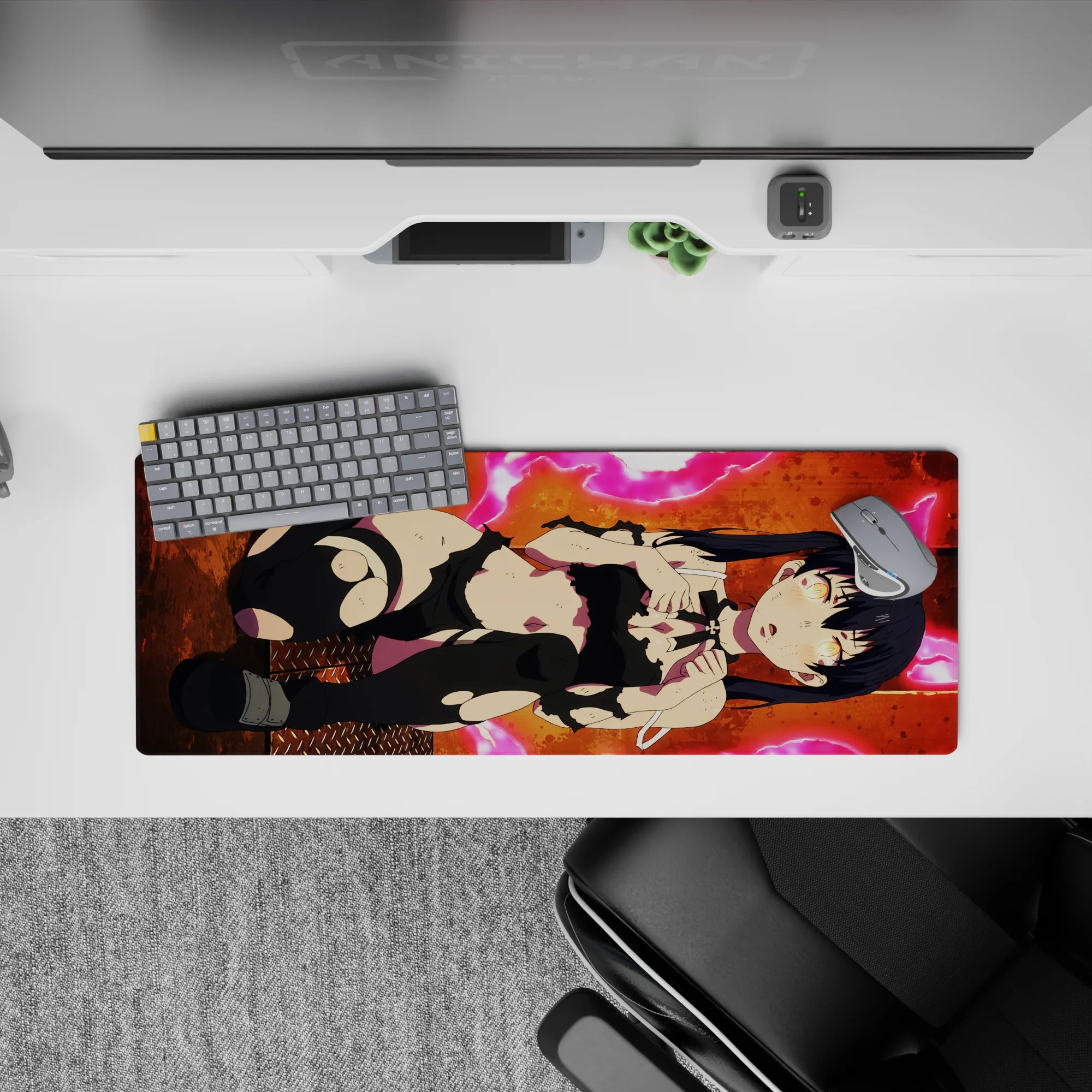 32x12 inches extended mouse pad in hot pink neon and warm orange glow, chaotic-cute late-night gaming vibe.