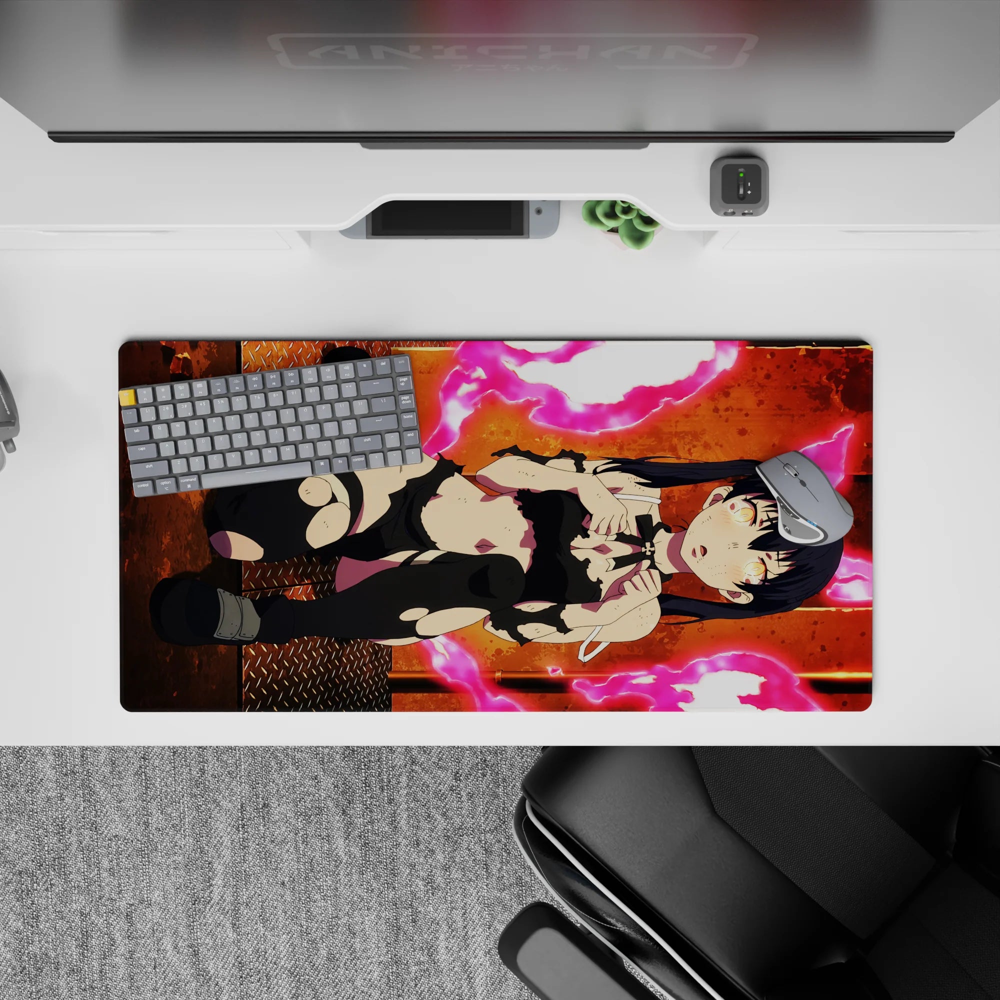 32x16 inches extended mouse pad in hot pink neon and warm orange glow, gritty steel floor anime art.
