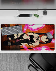 32x16 inches extended mouse pad in hot pink neon and warm orange glow, gritty steel floor anime art.