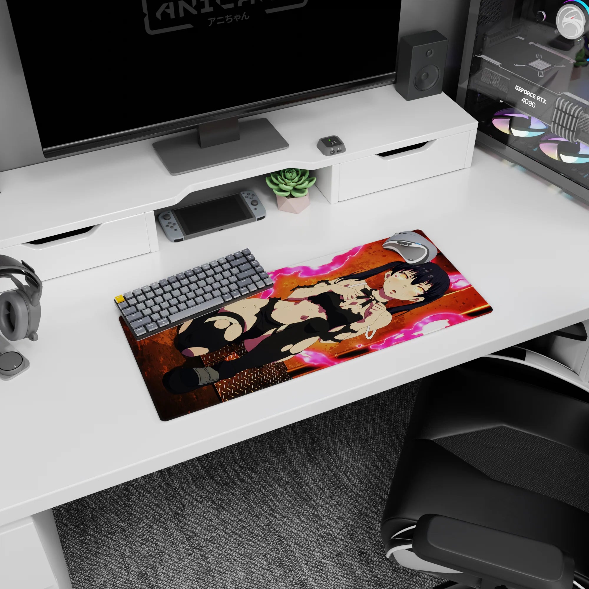 Raven-haired twin-tailed anime girl with glowing eyes and torn black outfit on mouse pad 28x12 inches.