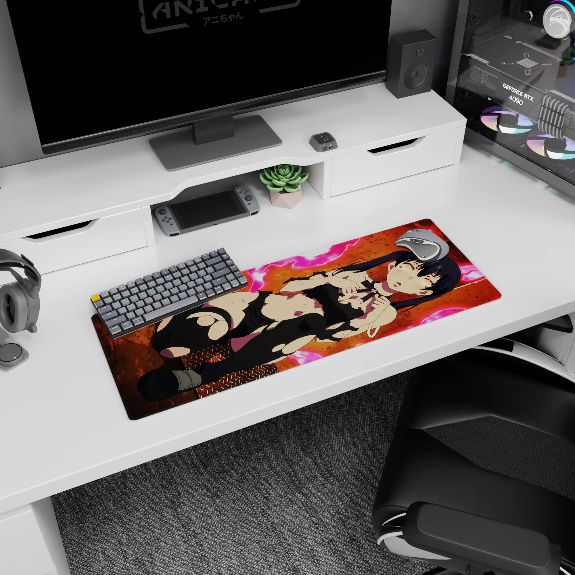 32x12 inches anime girl desk mat showing wide-eyed twin-tail cutie in torn black outfit on steel floor.