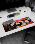 32x12 inches anime girl desk mat showing wide-eyed twin-tail cutie in torn black outfit on steel floor.