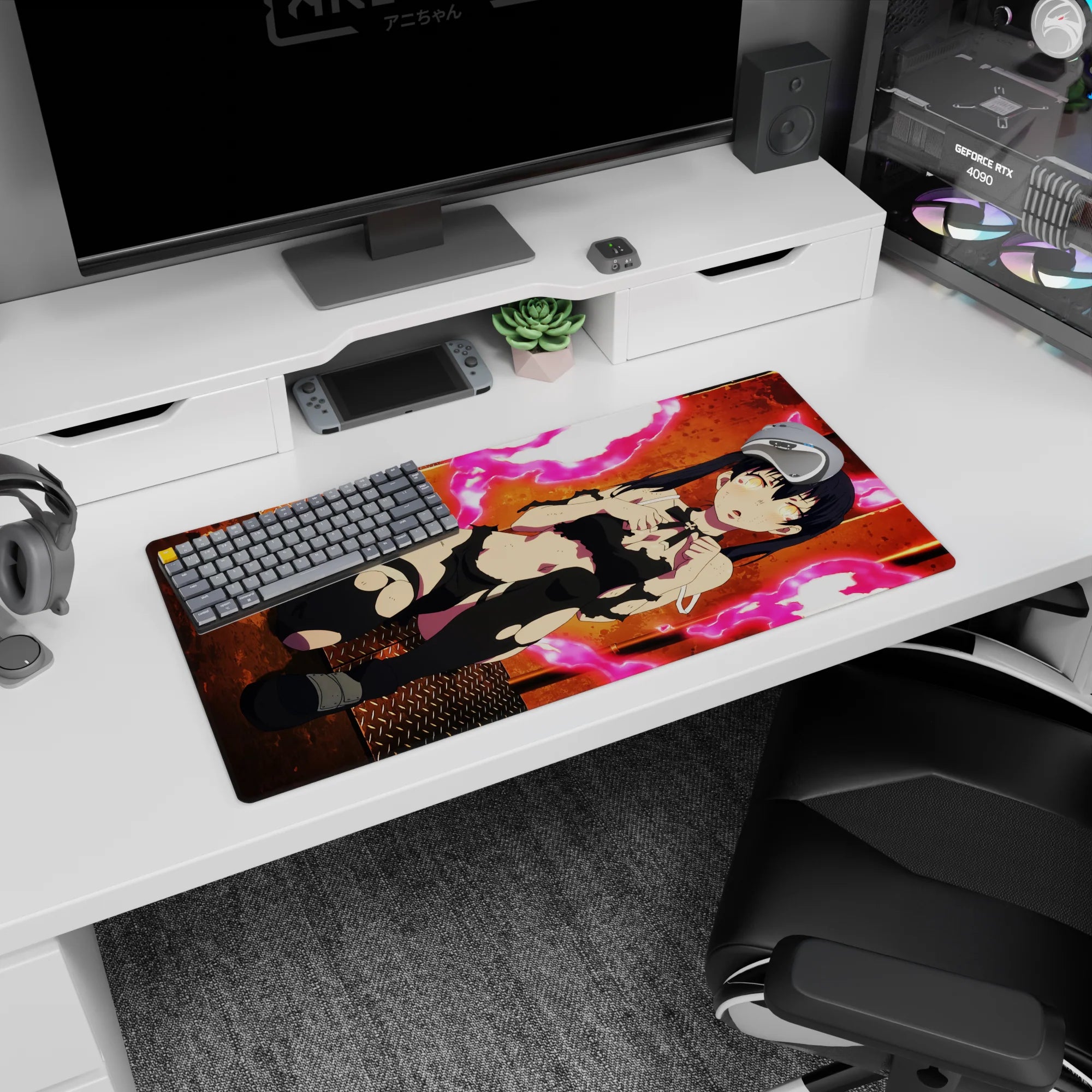 32x16 inches anime desk mat showing wide-eyed twin-tail girl with battle scuffs, thigh-highs, steel floor.