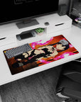 32x16 inches anime desk mat showing wide-eyed twin-tail girl with battle scuffs, thigh-highs, steel floor.
