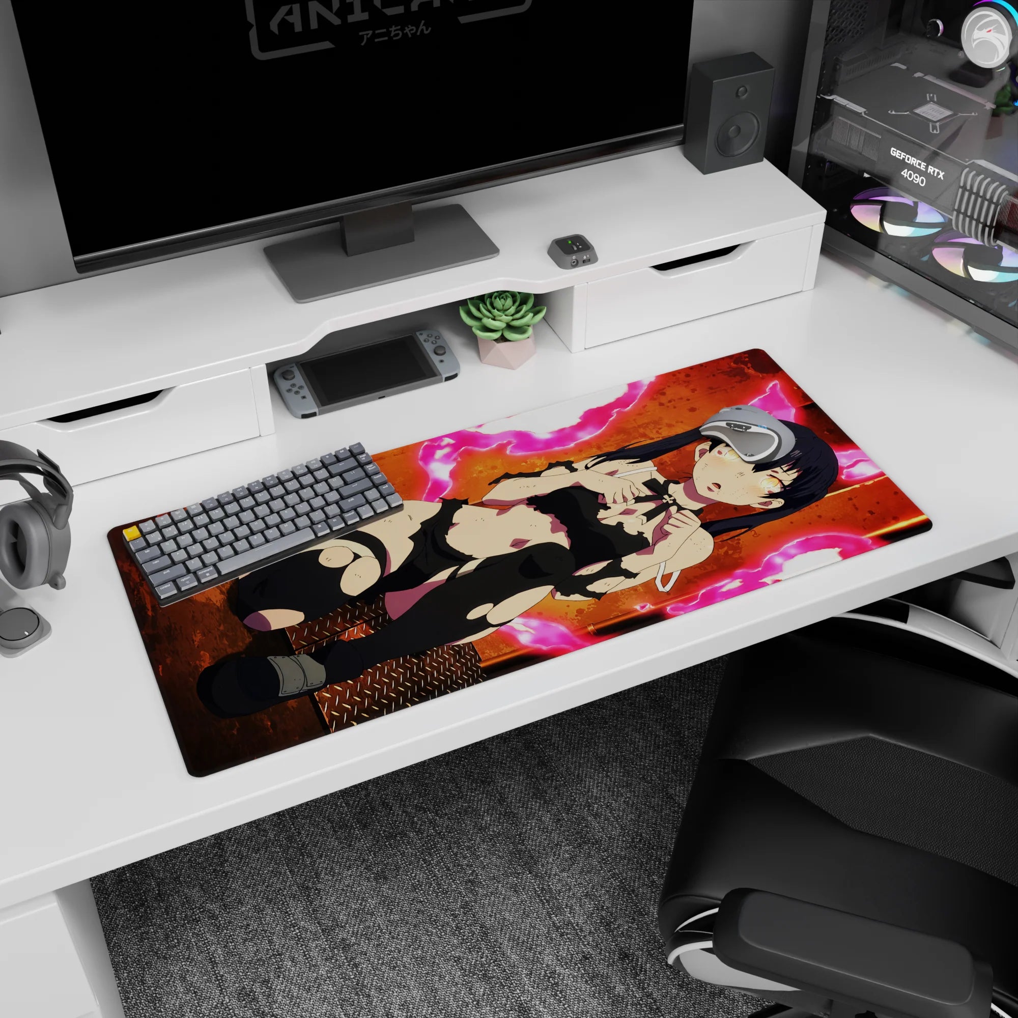 Raven-haired twin-tail anime girl with glowing eyes and battle scuffs on desk pad 36x16 inches.