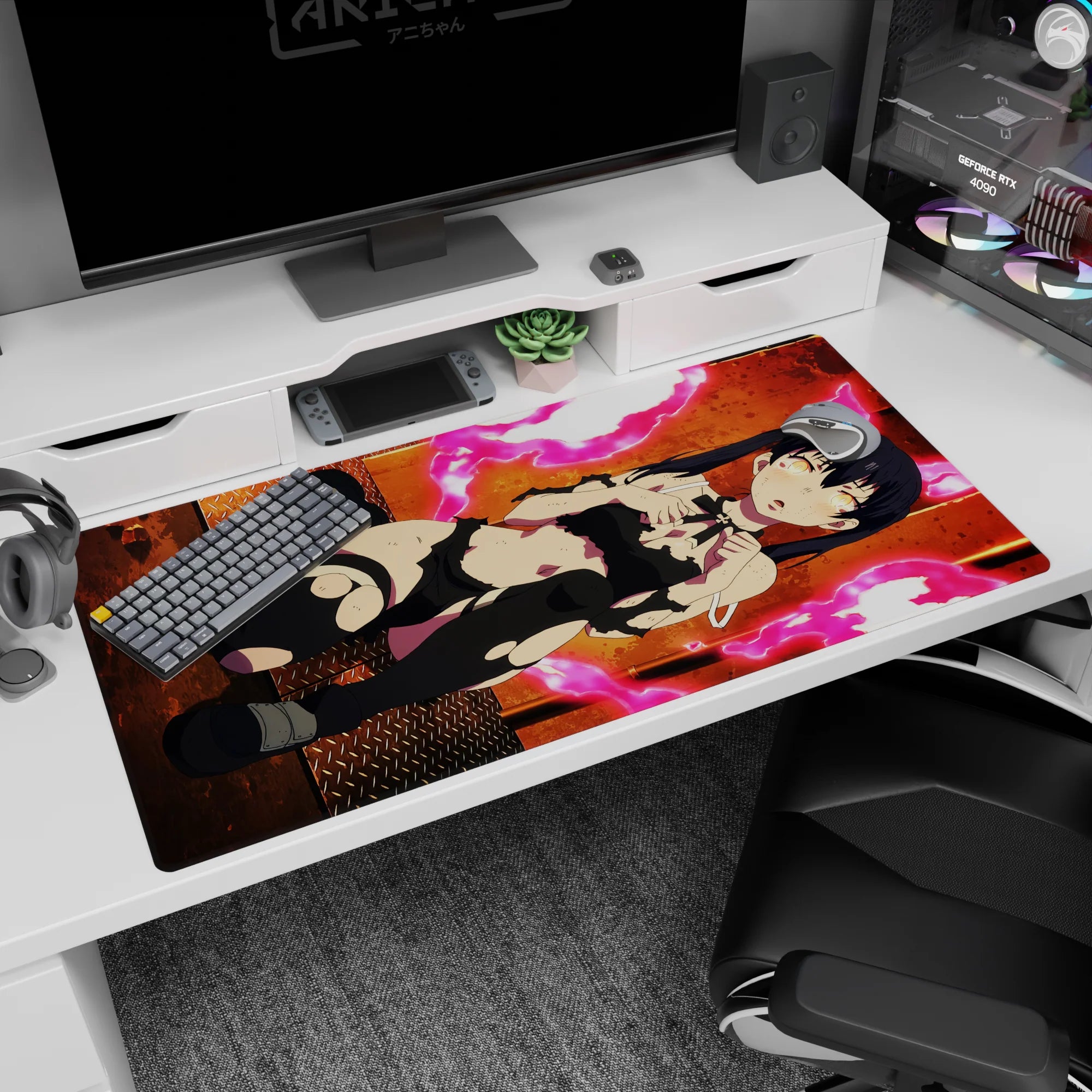 Raven-haired anime girl with glowing eyes and battle scuffs on steel floor desk pad 40x20 inches.
