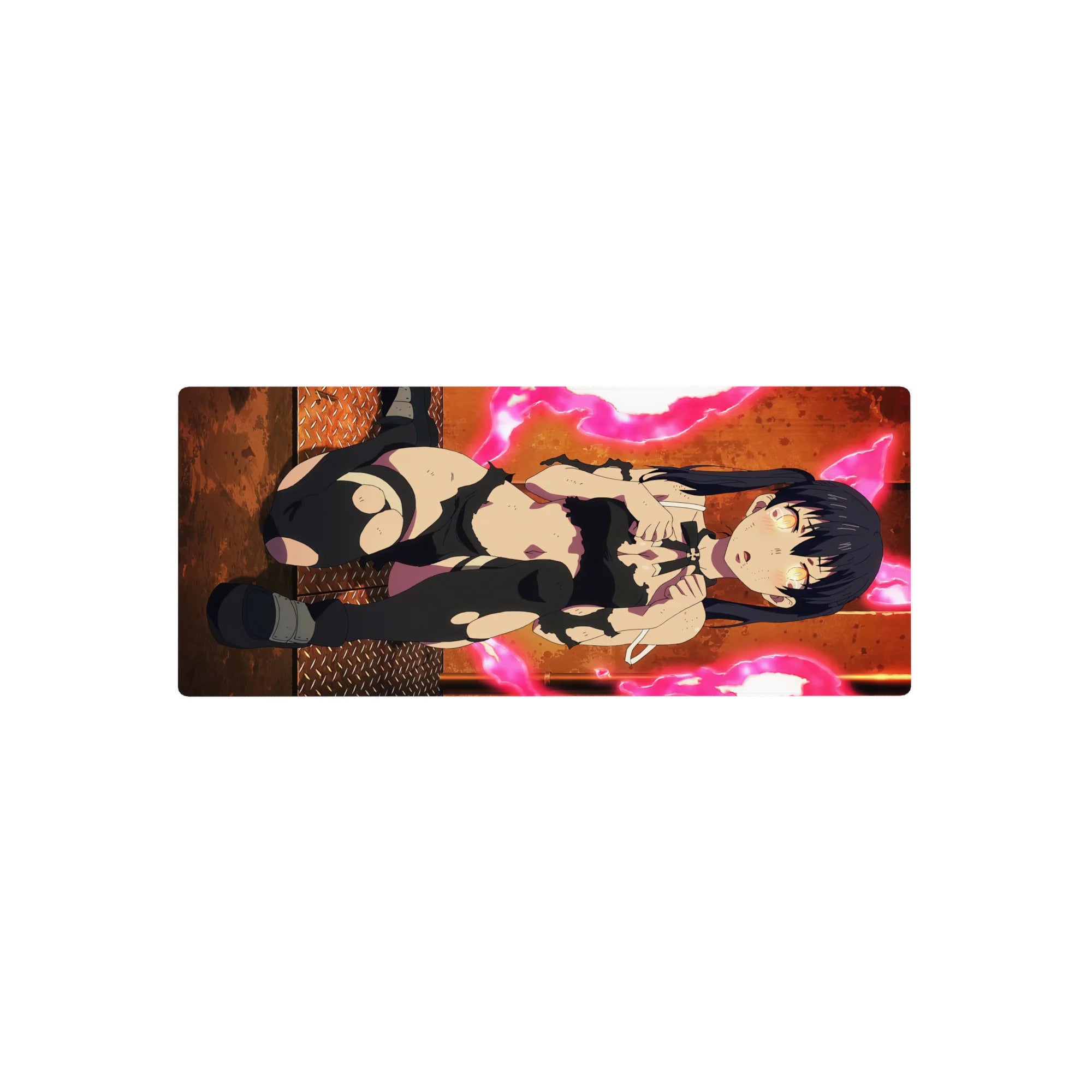 Anime girl mouse pad 28x12 inches with twin-tail raven-haired fighter on steel floor, sharp print.