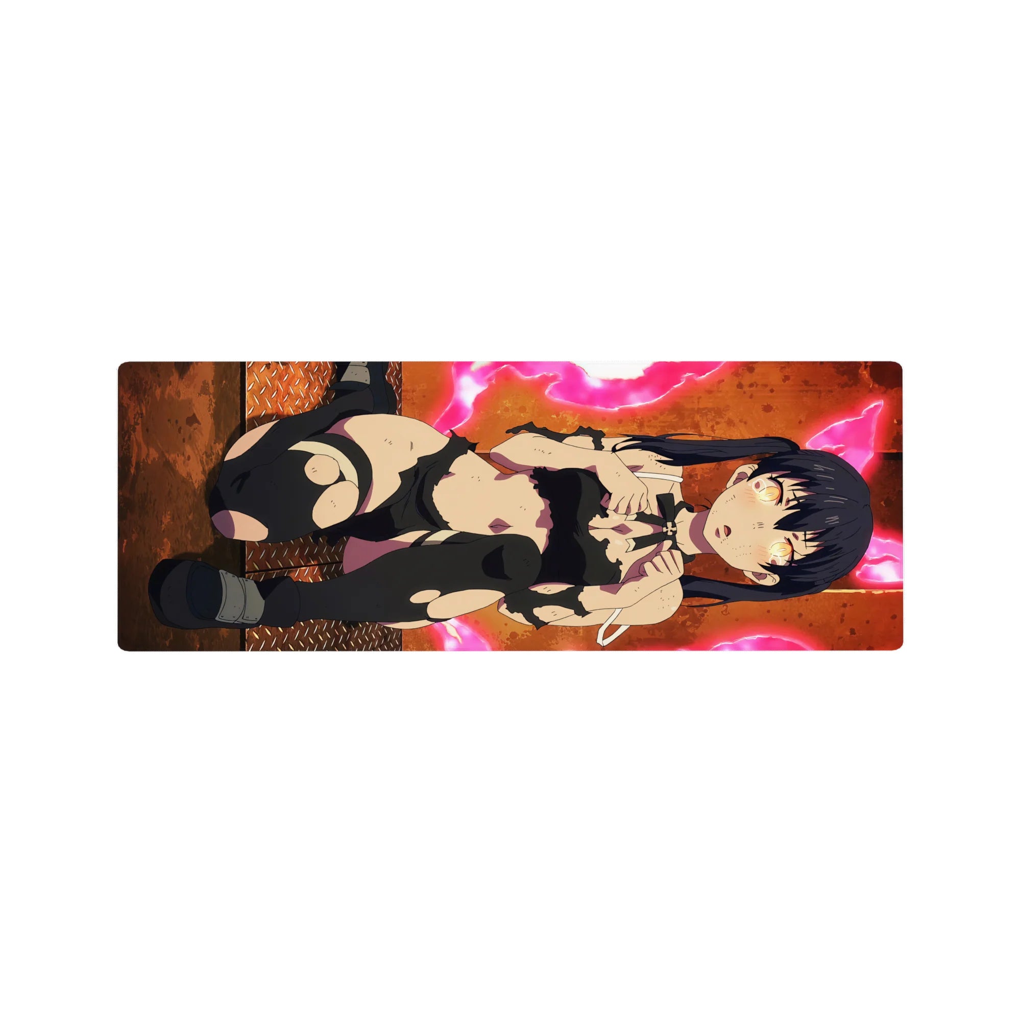 32x12 inches anime girl mouse pad with twin-tail raven-haired fighter, neon rings, gritty steel floor art.