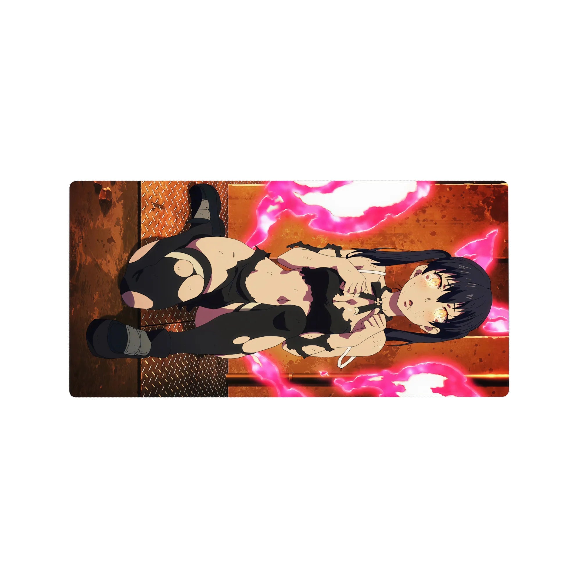 32x16 inches anime girl mouse pad with twin-tail raven-haired fighter, torn black outfit, neon energy rings.