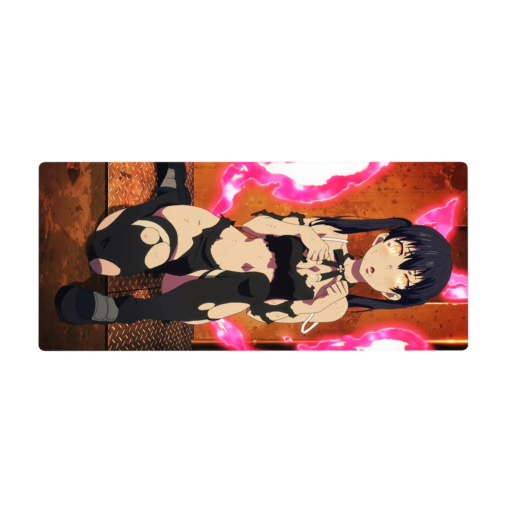 Anime girl desk pad 36x16 inches with twin-tail raven-haired fighter, torn black outfit, neon backdrop.