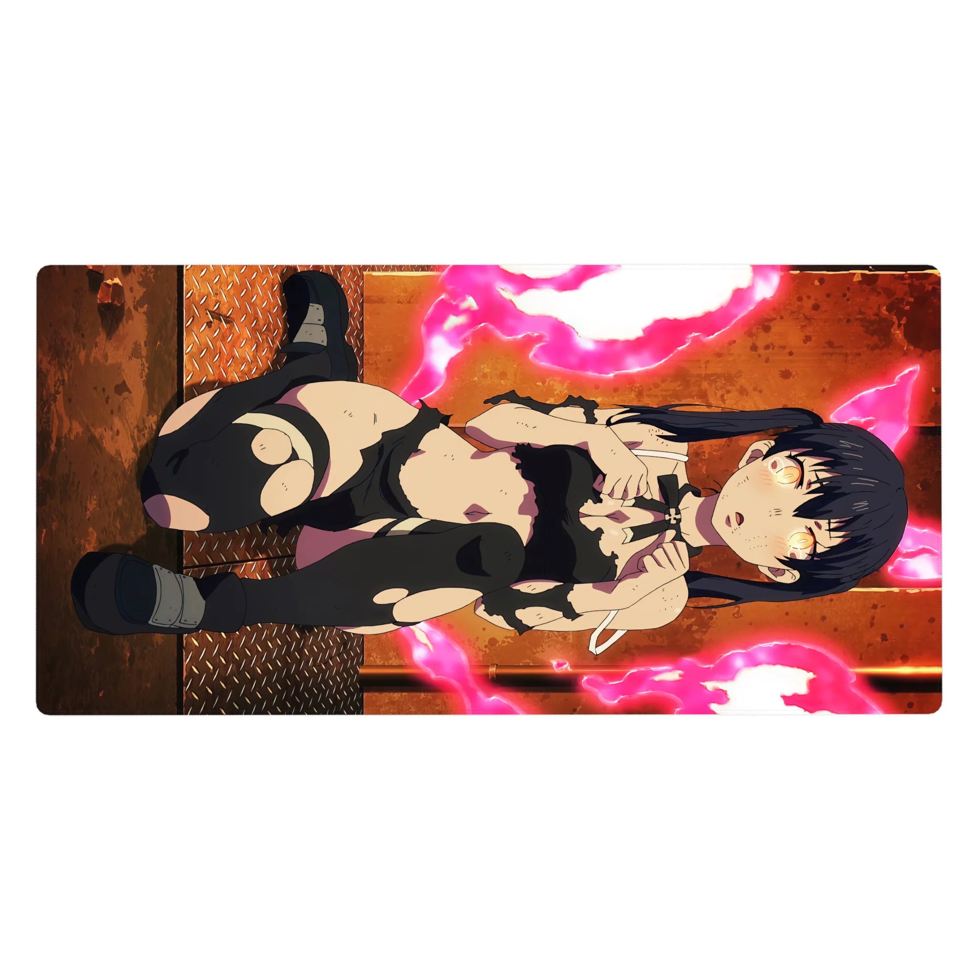 Anime girl desk pad 40x20 inches with twin-tail raven-haired warrior, torn black outfit, neon rings backdrop.