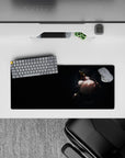 Moody navy-and-black anime girl mouse pad 28x12 inches with smoky shadows, gold accents, calm danger vibe.