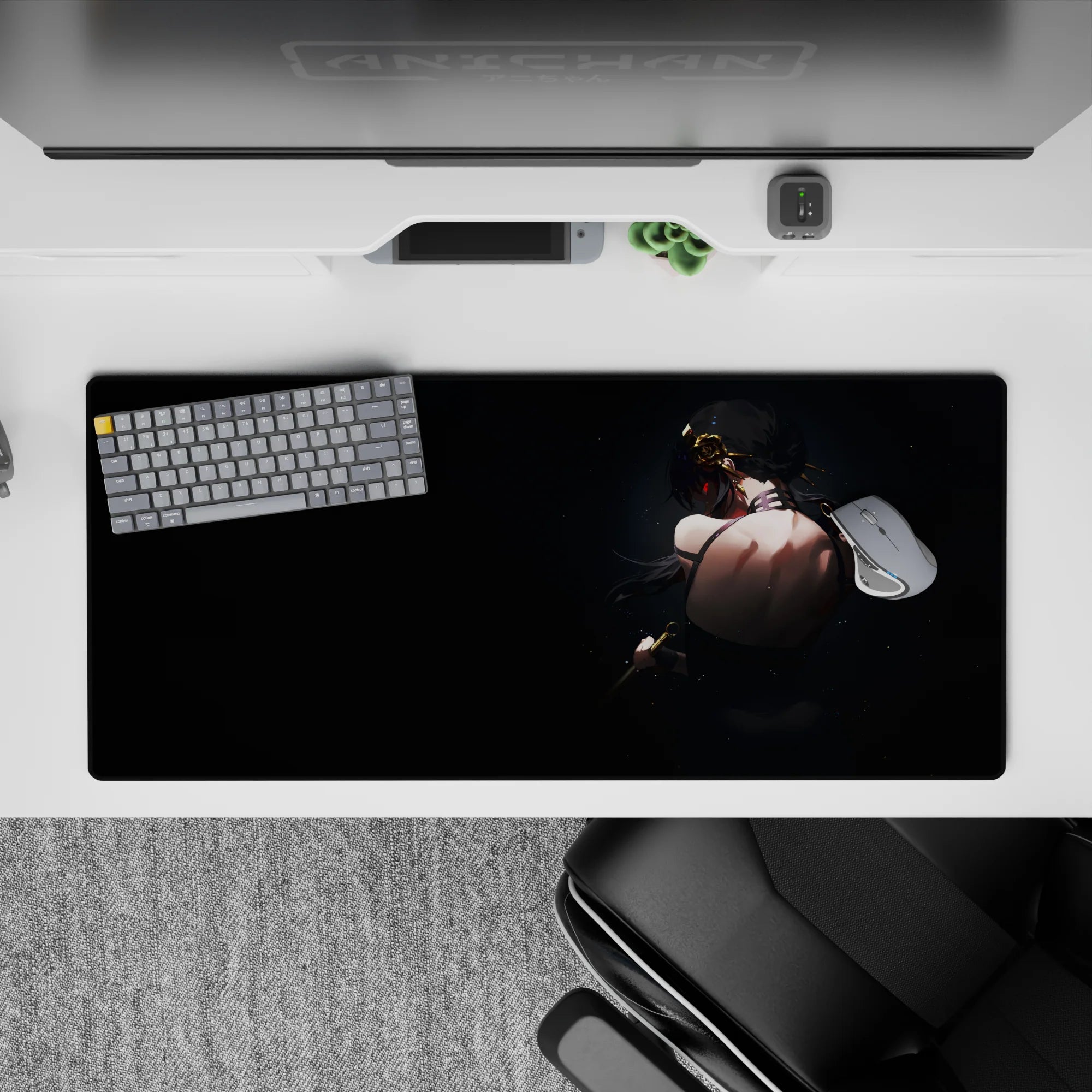 36x16 inches anime girl desk pad in deep navy and smoky shadows, sleek black straps, moody danger vibe.