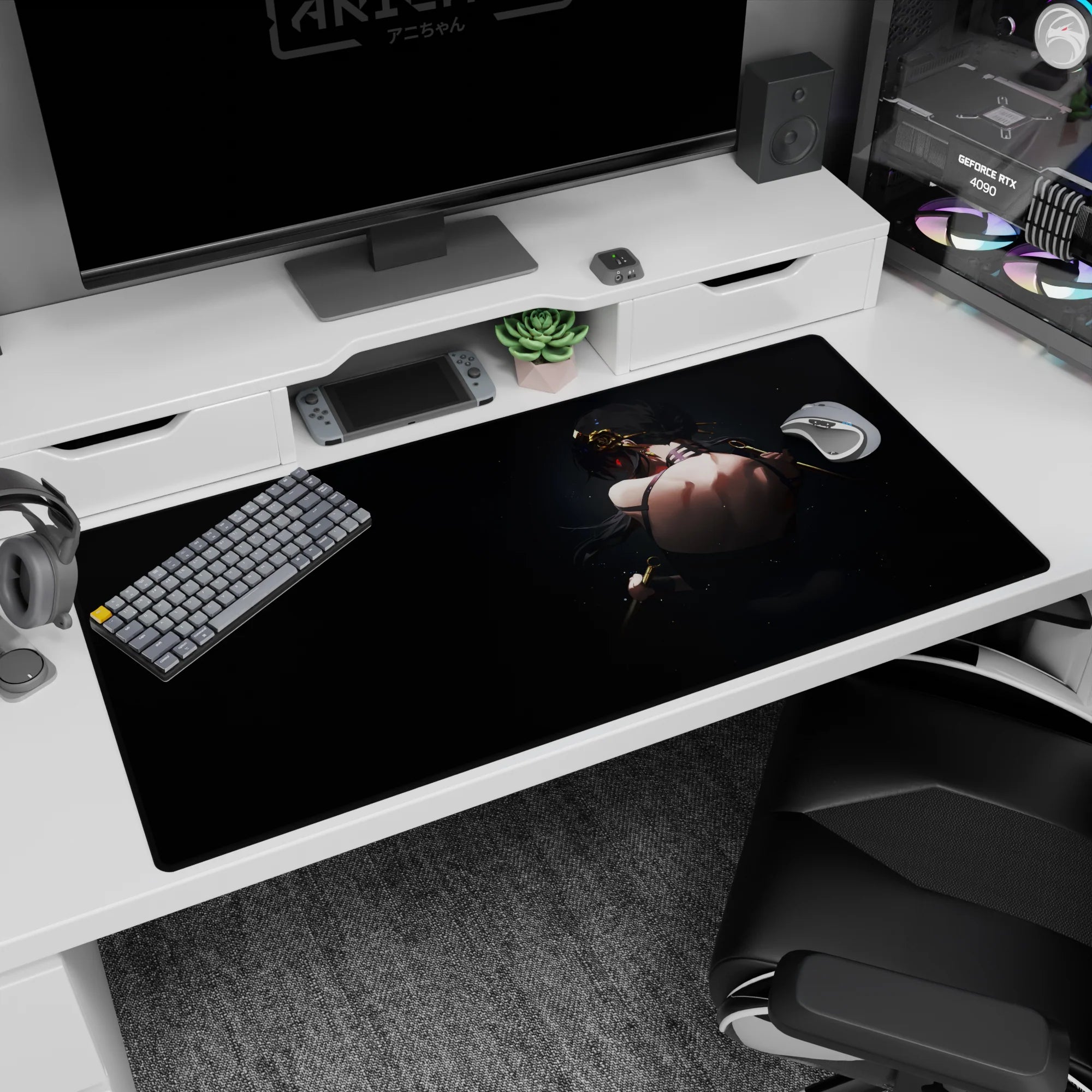 Dark-haired anime girl glancing over her shoulder on desk pad 40x20 inches, choker and slim blades.