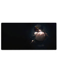 Anime girl mouse pad 32x16 inches with dark-haired red-eyed girl, gold ornaments, blades, and strappy outfit.