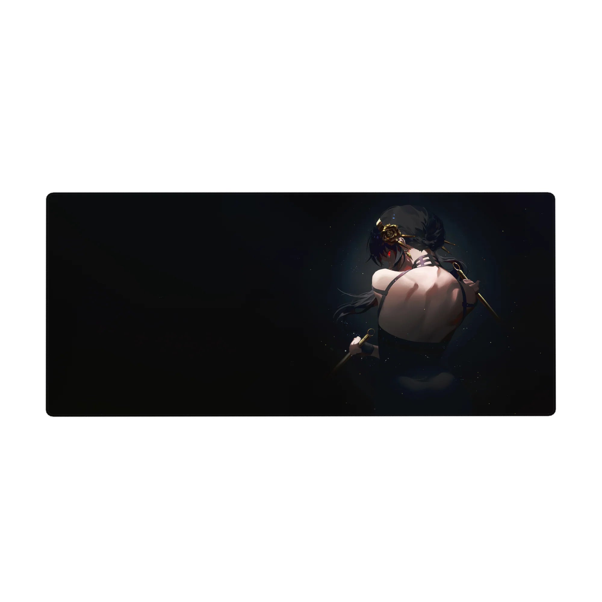 36x16 inches anime girl desk pad with dark-haired red-eyed girl, gold ornaments, blades, navy backdrop.