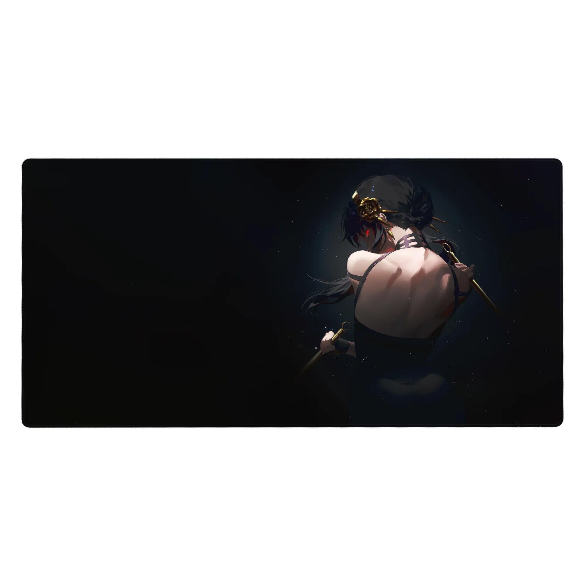 Anime girl desk pad 40x20 inches with dark-haired red-eyed beauty, gold ornaments, and sleek black straps.