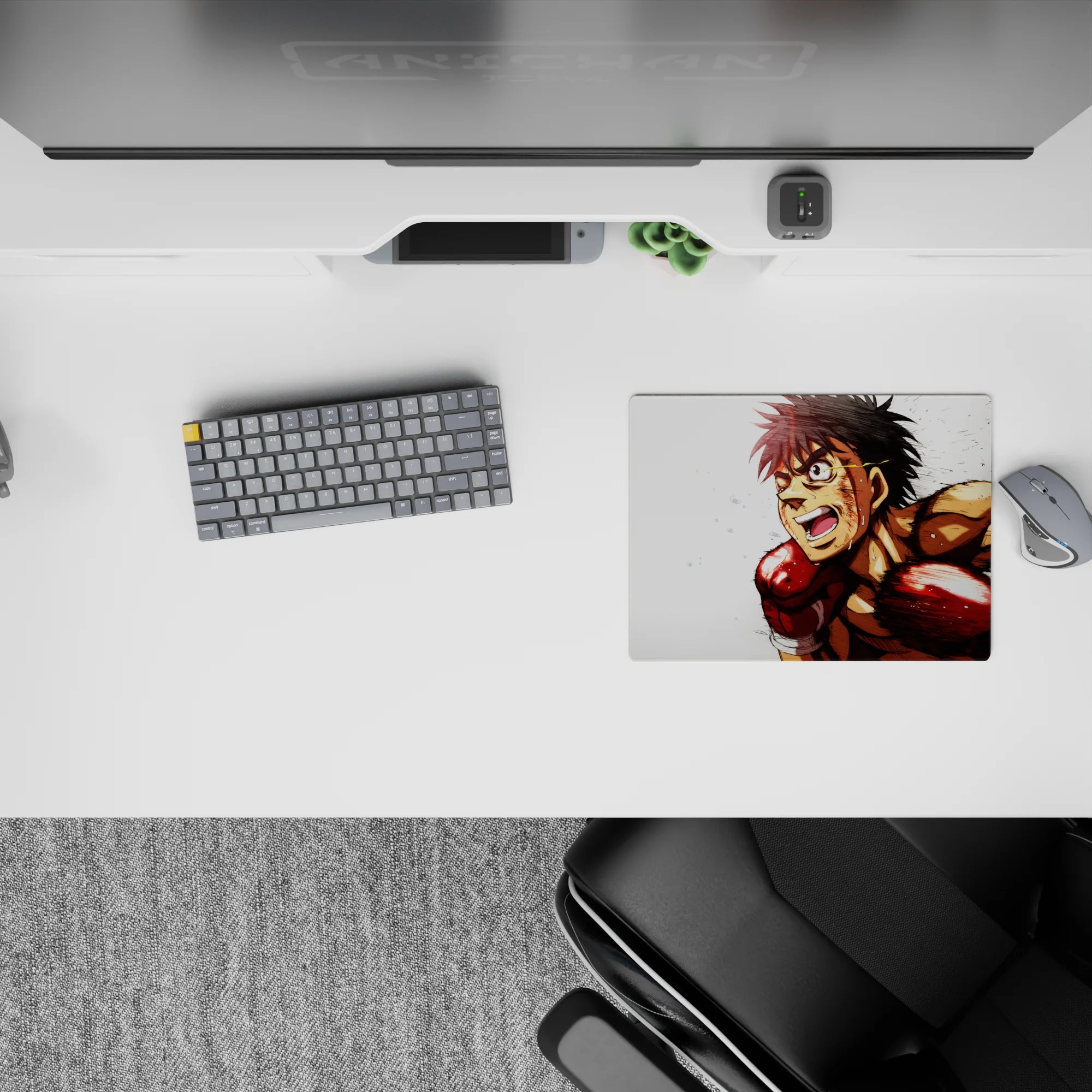 14x10 inches anime mouse pad with bold red gloves, warm skin tones, intense high-energy vibe.