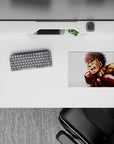 14x10 inches anime mouse pad with bold red gloves, warm skin tones, intense high-energy vibe.