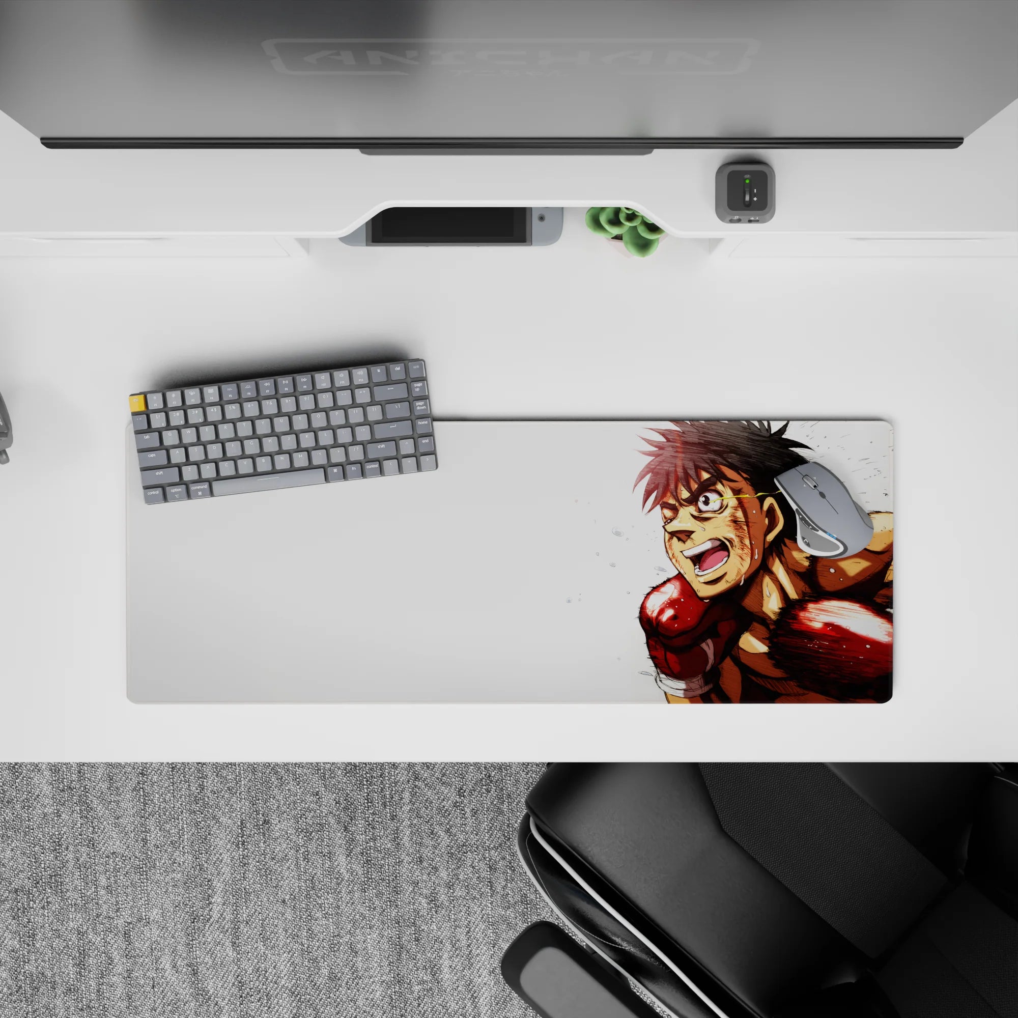 32x12 inches anime mouse pad in bold reds and warm skin tones, high-energy action on crisp white.