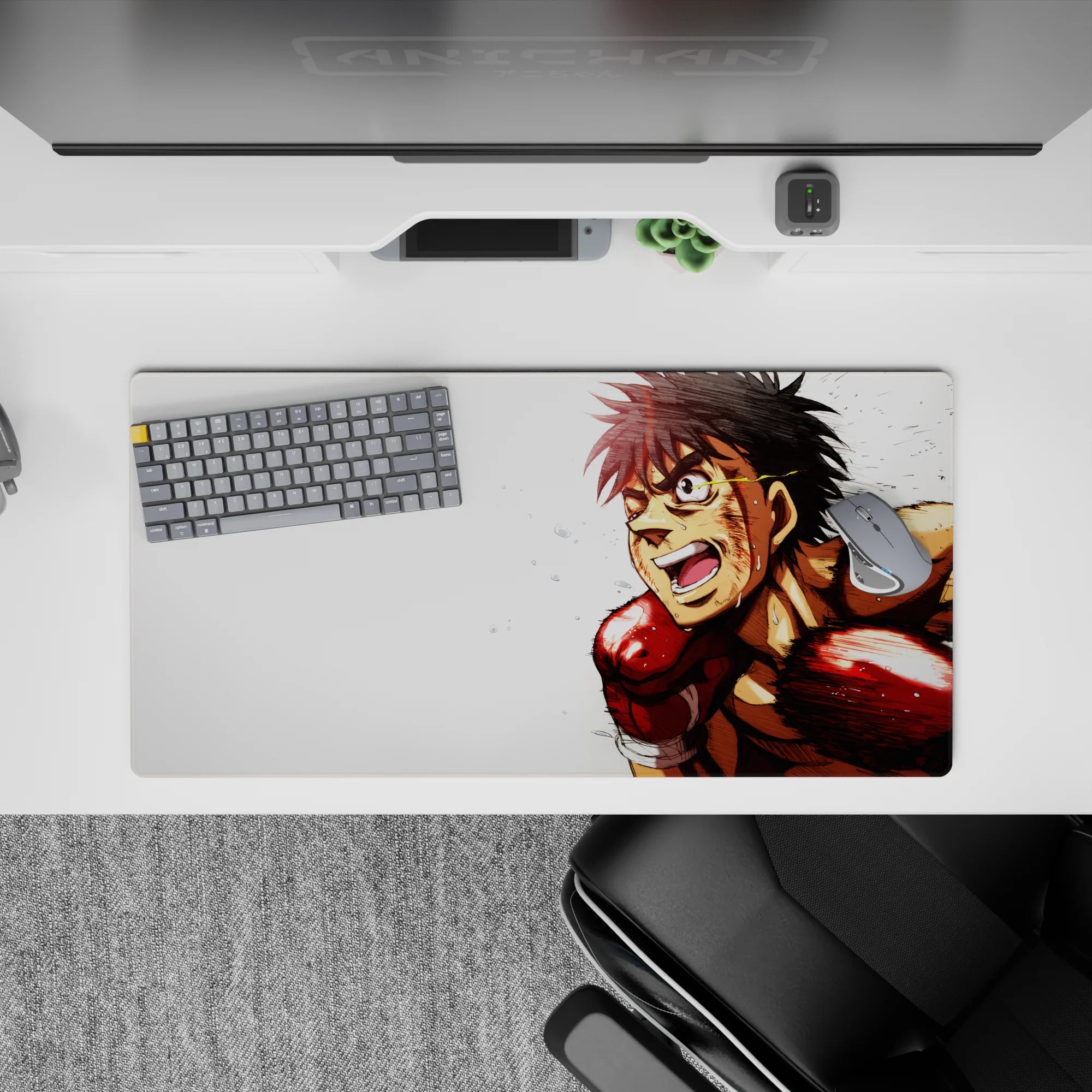 32x16 inches anime mouse pad in bold reds and warm skin tones, high-energy boxing vibe on bright white.