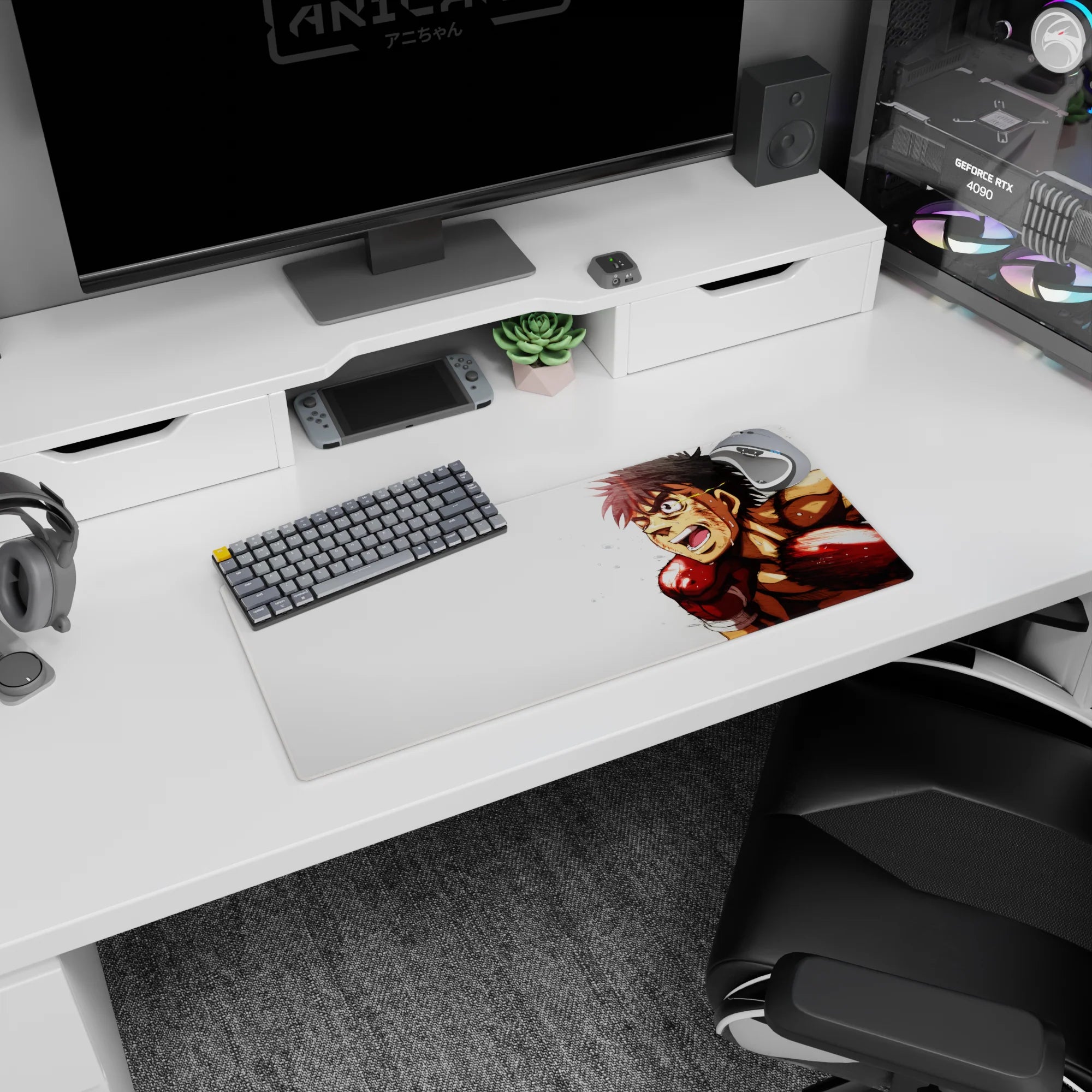 28x12 inches anime mouse pad showing fierce grinning boxer, bare shoulders tense, eyes forward, gloves raised.